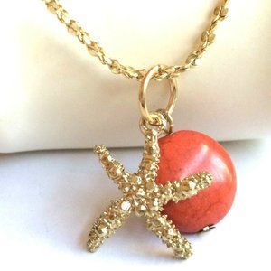 Gold Red Coral Starfish Necklace Island Beach Sea Life 24" X-Long Plated